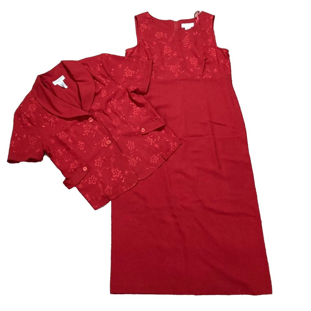 Sag Harbor Size 18 Red Flower Dress Suit Women 2PC Career Church Business spring